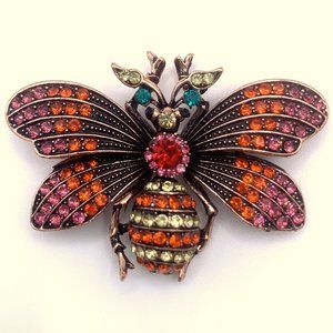 New Cute 3D Rhinestone Insect Moth Butterfly Bee Brooch Pin Copper 2.5" Retro
